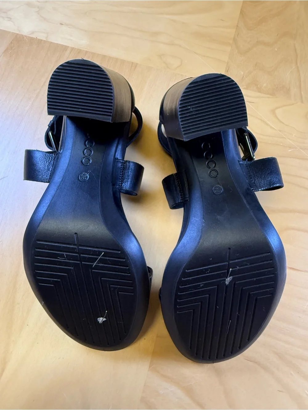Ecco Black Leather Block Heel Sandals with Ankle Buckle